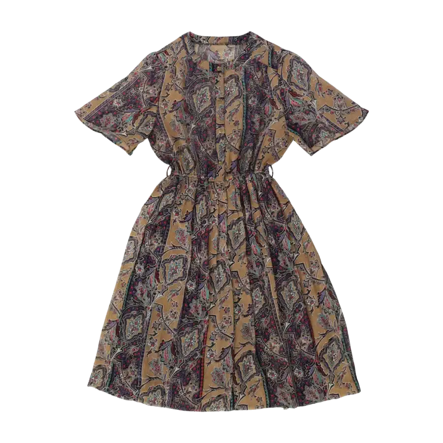 Robe marron mi-longue motif paisley friperie vintage