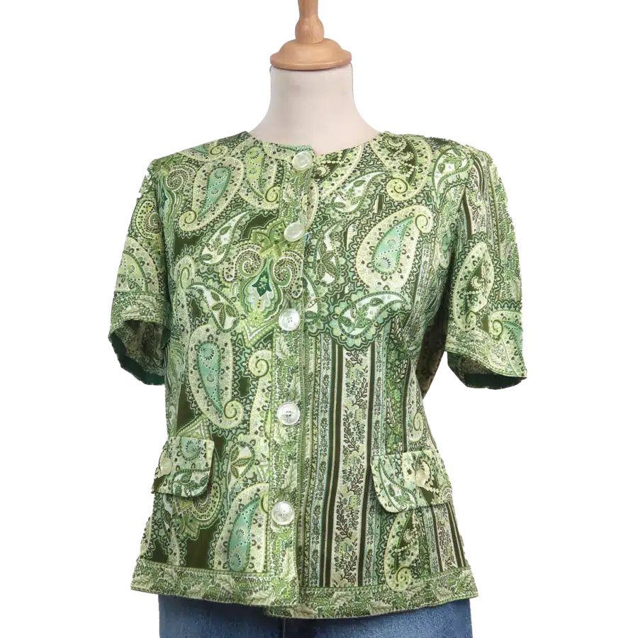 blouse verte imprimé paisley made in Italy 100% coton friperie vintage